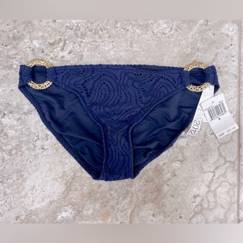 TRINA TURK NWT Eyelet Bikini Bathing Suit Bottom in Navy Blue Gold Side Rings, 6